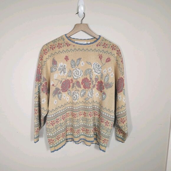 Vtg Floral Tapestry Sweater Cottagecore Rose Knit Pullover 80s 90s Grandma Large - Picture 1 of 8